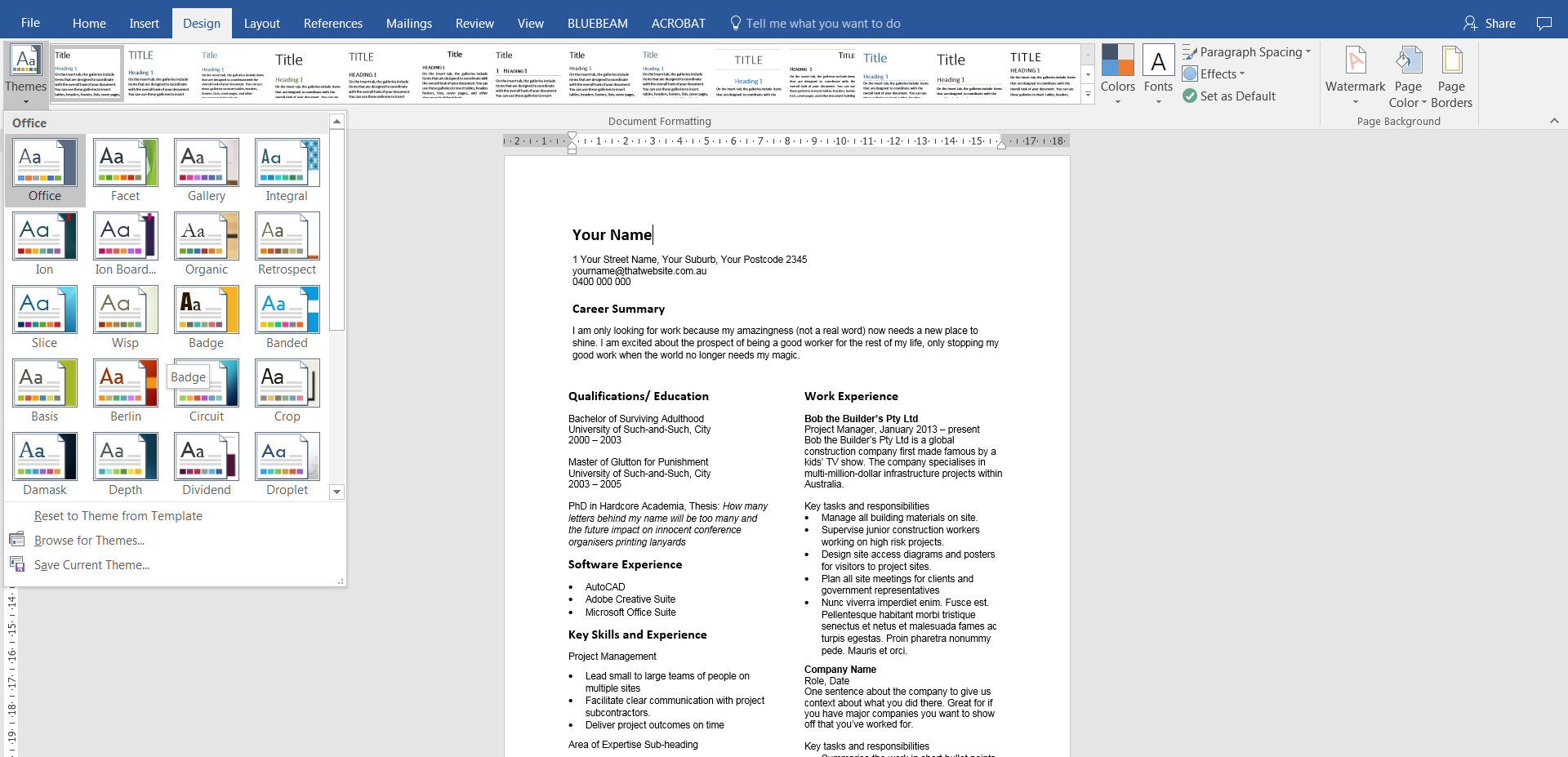 Microsoft Word 2016 Design Themes (2016)